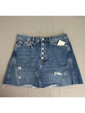 Free People Harvey Button Front Distressed Denim Mini Skirt Size 30